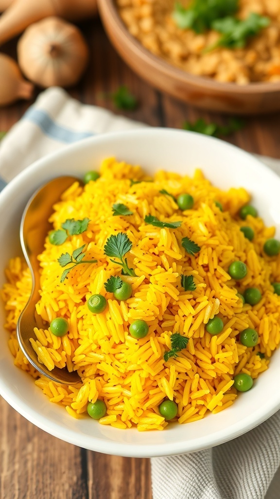 A bowl of fluffy seasoned yellow rice with parsley and peas on a rustic table.